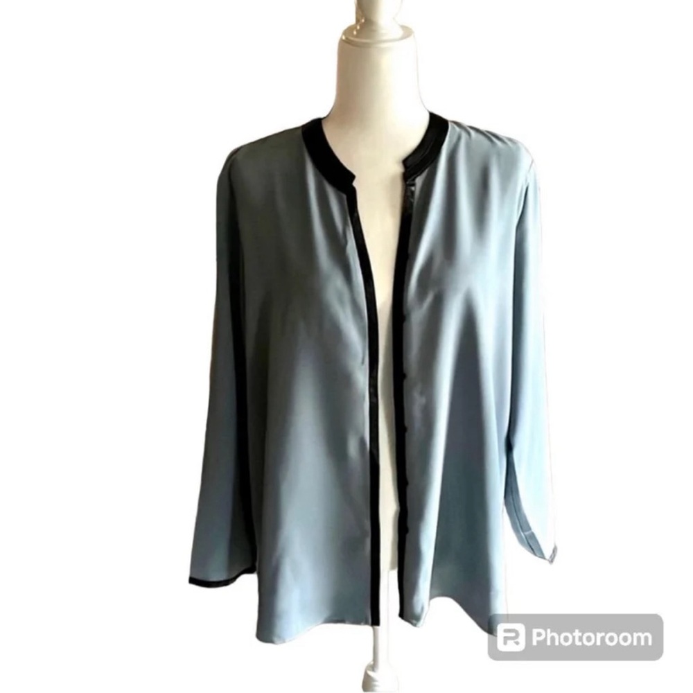 Alfani Light Blue Faux Leather Trim Blouse Size 16